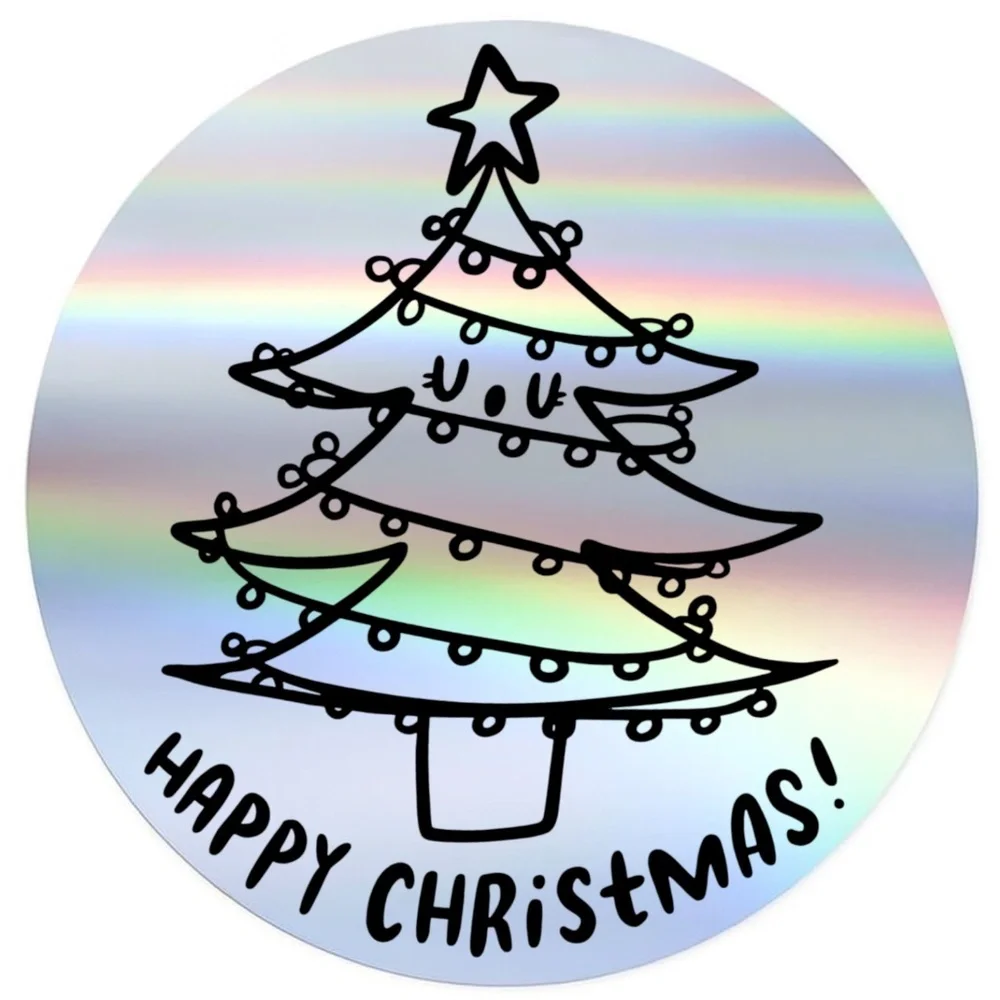 Holographic Happy Christmas Stickers • Holiday Tree Packaging Labels • 2 Inch